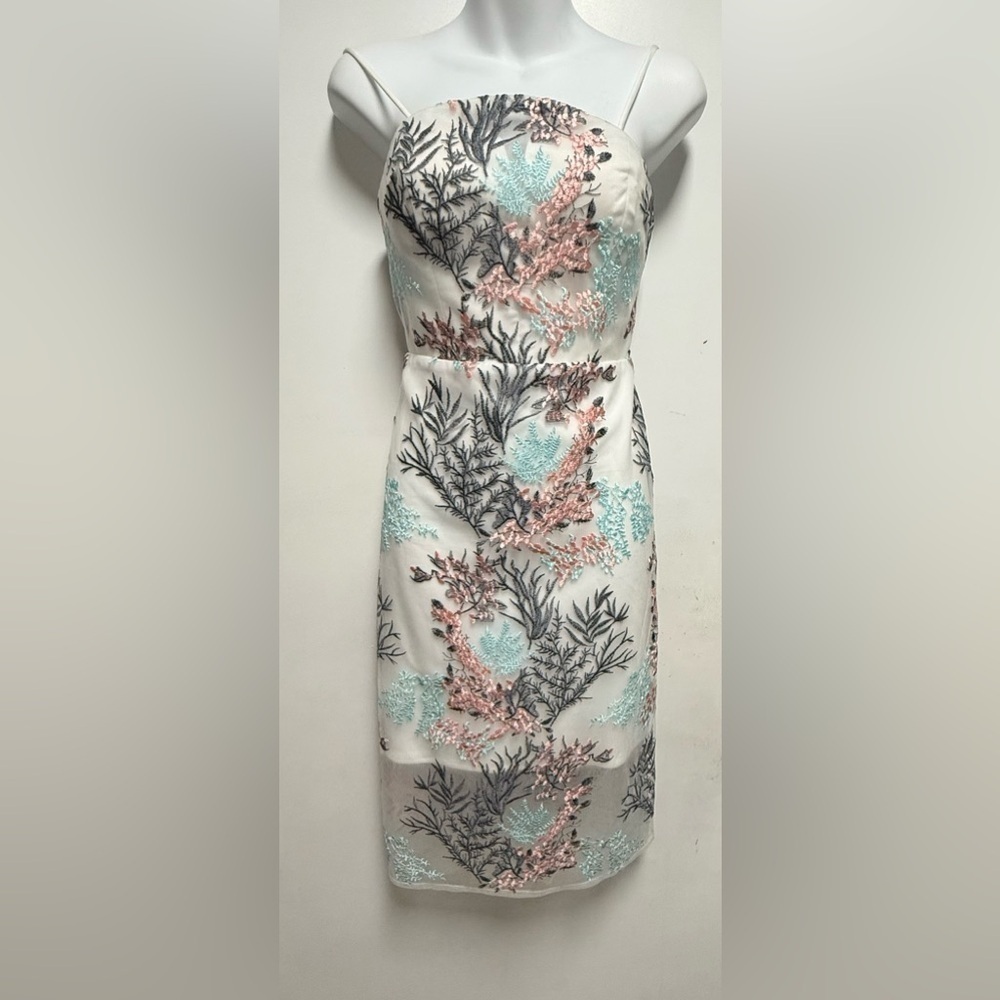 Nicole Miller NY Cocktail Dress Sheer Mesh Embroidered Aqua Mist Coral White - Picture 2 of 10